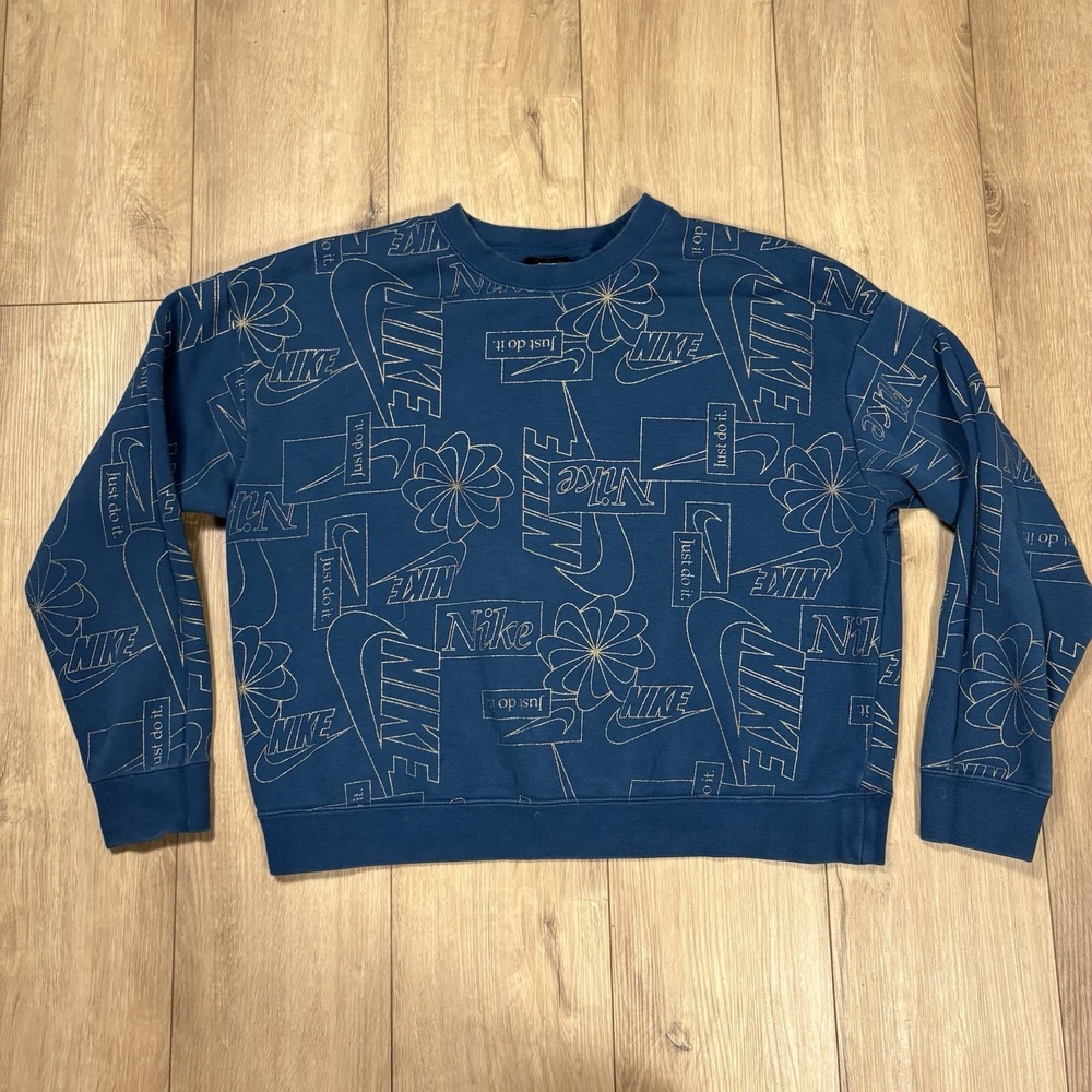 Nike All Over Logo Crewneck Sweatshirt Womens Large Blue Gold Retro Athleisure